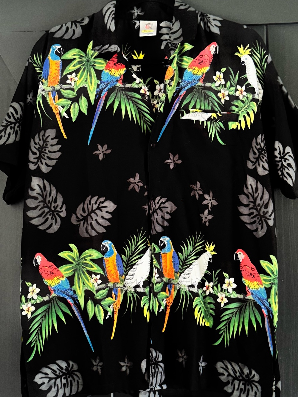 Rima Tropical Parrot Print Hawaiian Black Background‎ Button Up Camp Shirt